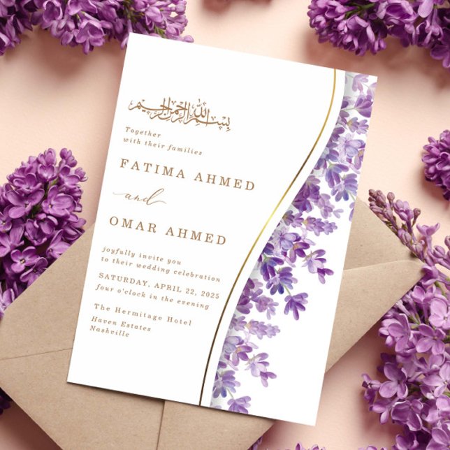 Modern Guld Lila Lavender Islamic Muslim Bröllop Inbjudningar (Skapare uppladdad)