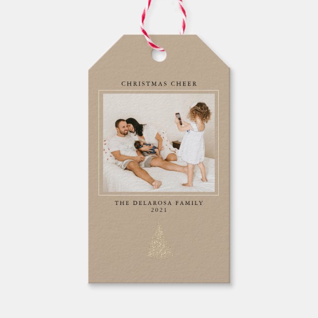 Modern Guld-Lit Träd Photo jul Cheer Kraft Presentetikett (Framsidan)