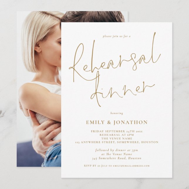 Modern Guld-måltid för att skriva foto-Bröllop Reh Inbjudningar (Fram/baksida)