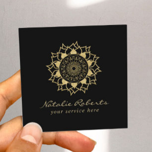 Modern Guld Mandala Flower Logotyp Elegant Black Fyrkantigt Visitkort