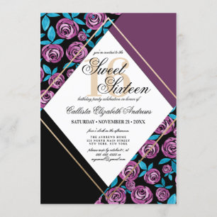 Modern Guld Mauve Black Flower Watercolor Sweet 16 Inbjudningar