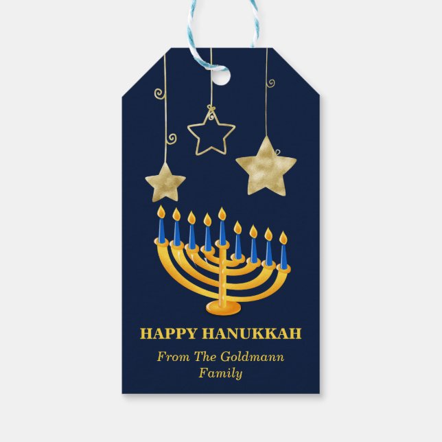 Modern Guld Menorah & Star Lycklig Hanukkah Presentetikett (Baksidan)