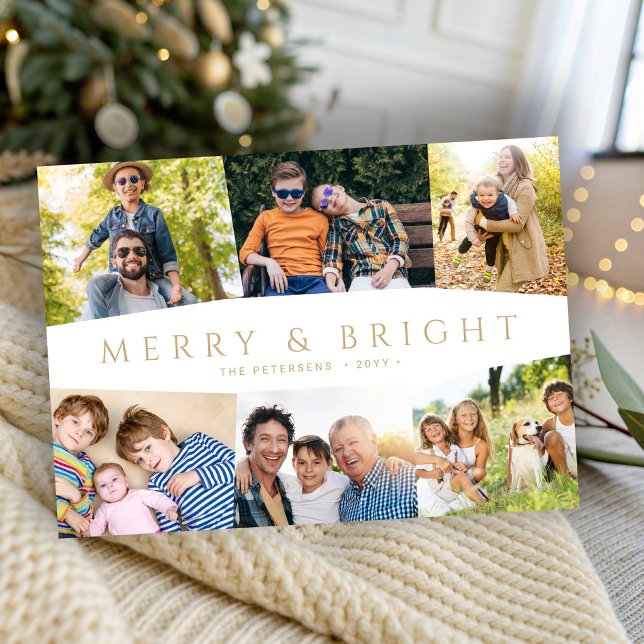 Modern guld Merry and Bright 6 foto jul Julkort (Skapare uppladdad)