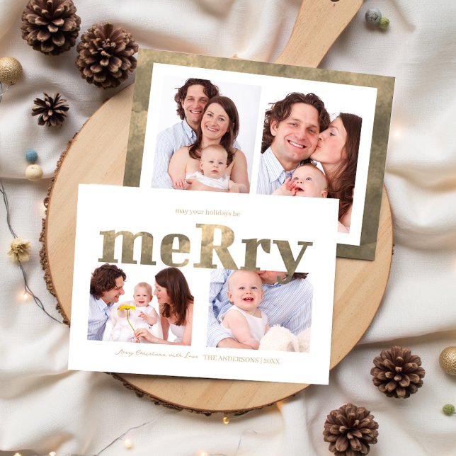 Modern guld “Merry” typografi foto familj Julkort (Modern Gold “Merry” Typography Photo Family Holiday Card)