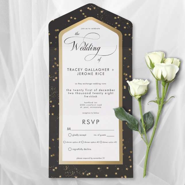 Modern Guld-middag för svartvit stjärntur (Modern Black & White Starry Gold All In One Wedding Invitation with Dinner Options)