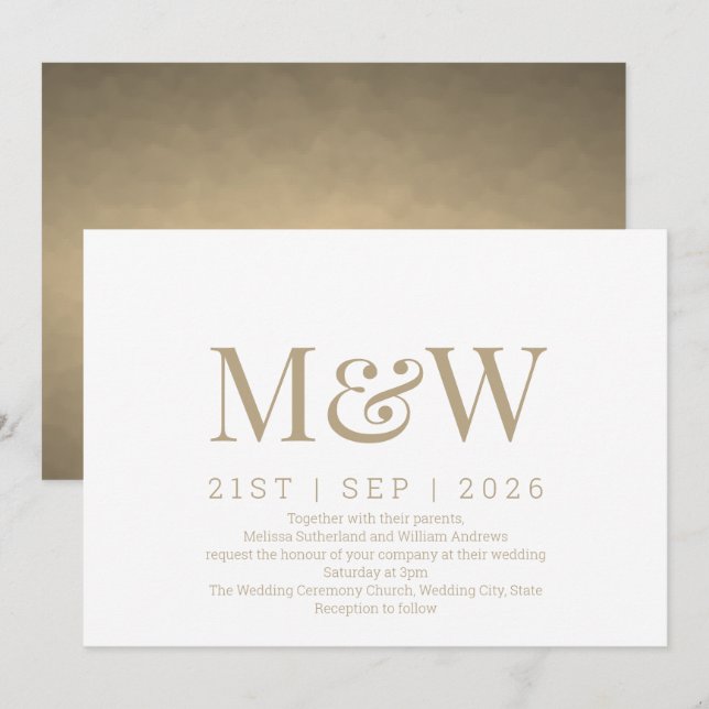 Modern Guld Monogram Bröllop Inbjudningar (Fram/baksida)