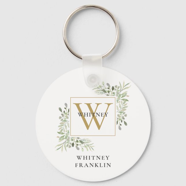 Modern Guld Monogram Elegant Greenery Nyckelring (Framsida)