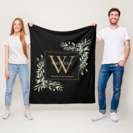 Modern Guld Monogram Greenery Blommigt Black Fleecefilt