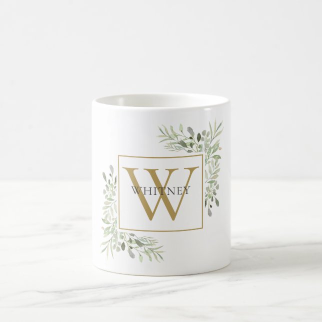 Modern Guld Monogram Greenery Blommigt Kaffemugg (Center)