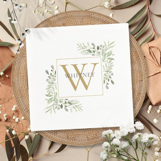 Modern Guld Monogram Greenery Blommigt Napkins Pappersservett (Modern Gold Monogram Greenery Floral Napkins)