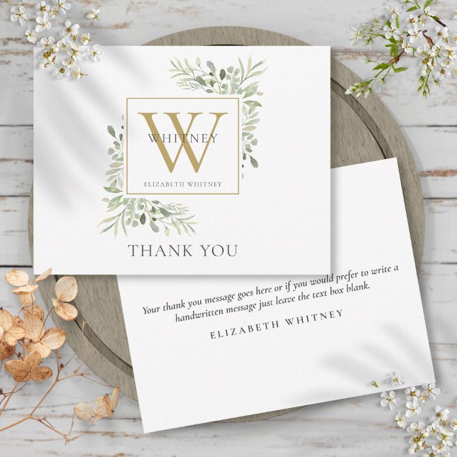 Modern Guld Monogram Greenery Business Tack Kort (Modern Gold Monogram Greenery Business Thank You Card)
