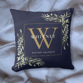Modern Guld Monogram Greenery Navy Blue Kudde