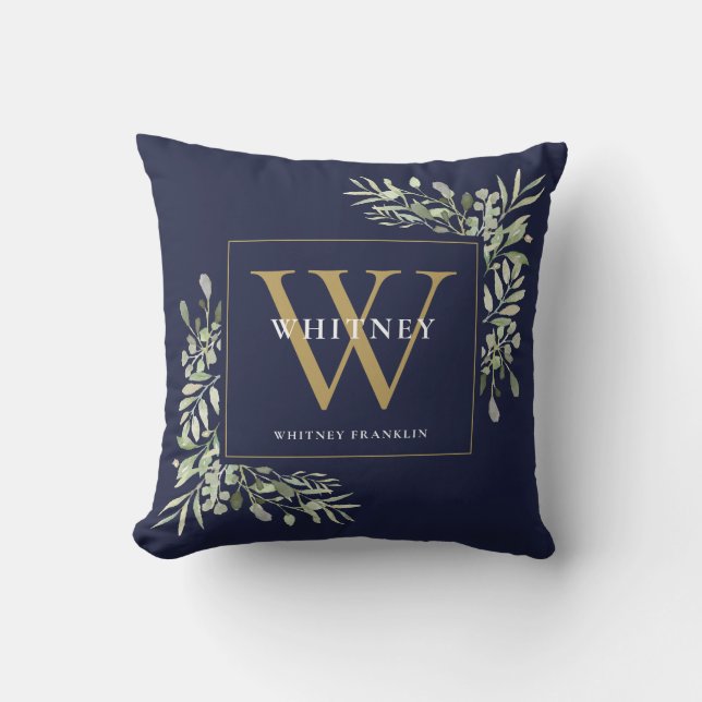 Modern Guld Monogram Greenery Navy Blue Kudde (Framsida)