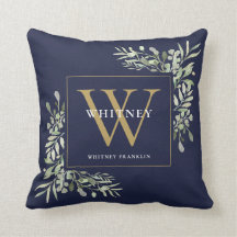 Modern Guld Monogram Greenery Navy Blue