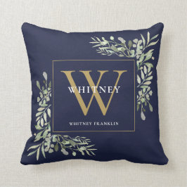 Modern Guld Monogram Greenery Navy Blue Kudde