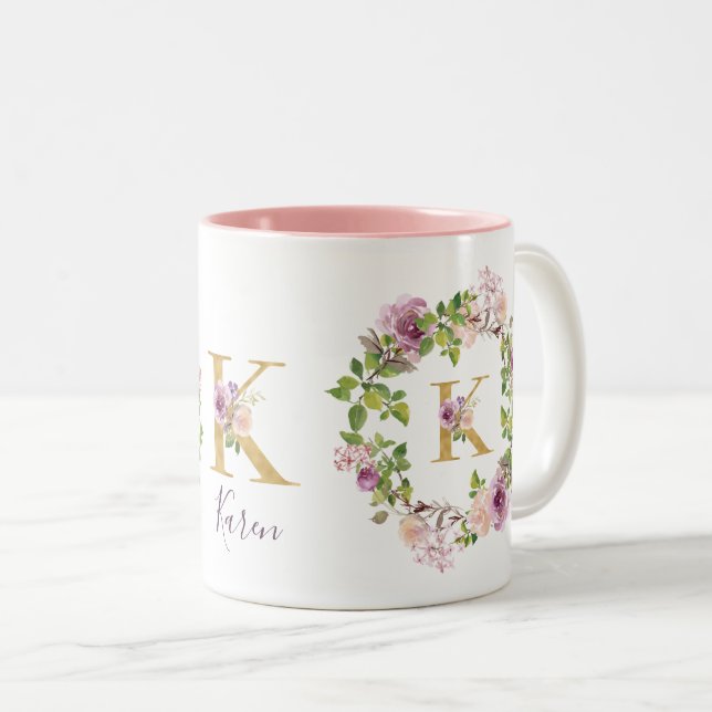 Modern Guld Monogram K Vattenfärgsfärgad Blommigt  Två-Tonad Mugg (Framsida höger)