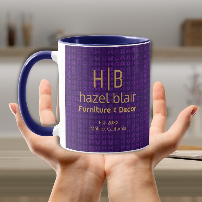Modern Guld Monogram Logotyp Lila Squares Mönster Mugg (Skapare uppladdad)
