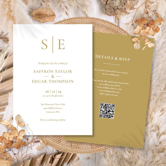 Modern Guld Monogram QR-kod Bröllop Inbjudningar (Modern Gold Monogram QR Code Wedding Invitation)