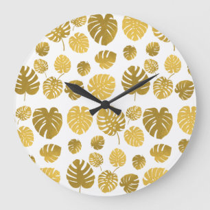 Modern Guld Monstera Tropical Löv Mönster Stor Klocka