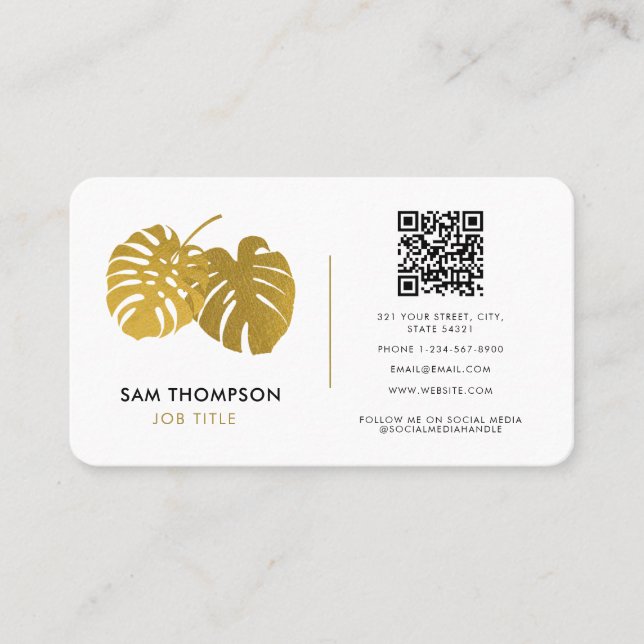 Modern Guld Monstera Tropical QR Code Social Media Visitkort (Framsida)