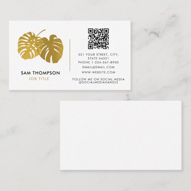 Modern Guld Monstera Tropisk QR-kod Sociala Medier Visitkort (Fram/baksida)