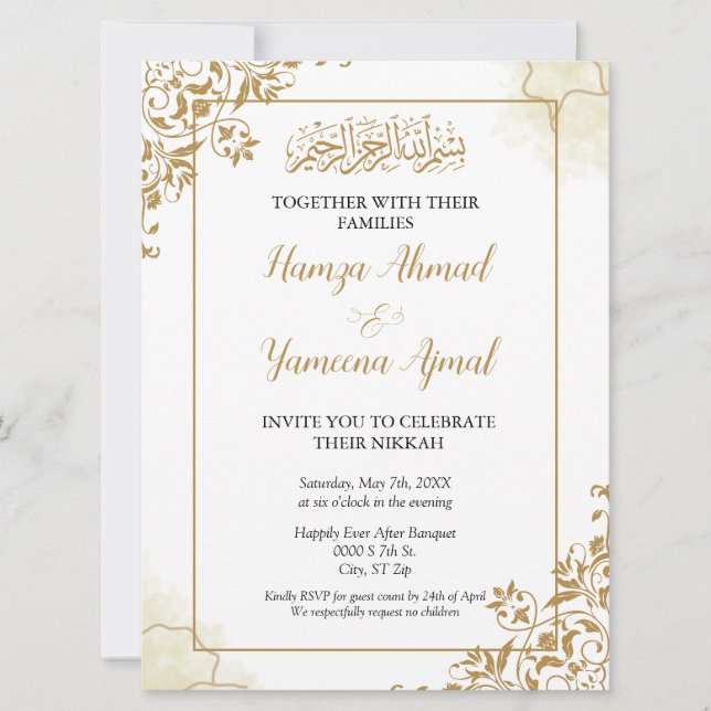 Modern Guld muslimsk islamisk Bröllop Nikkah Inbjudningar (Framsida)
