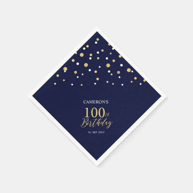 Modern guld- och marinblå 100-årsfest pappersservett (Hörn)