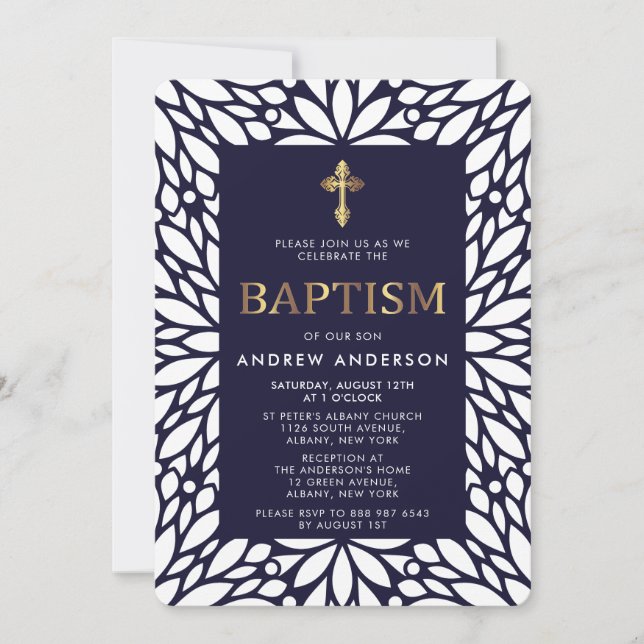 Modern Guld och marinblå pojkvän-baptism Inbjudningar (Framsida)