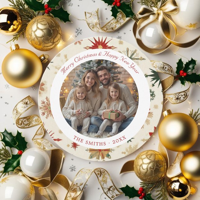 Modern Guld och Röda Snöflingor runt Julkort (Modern Gold and Red Snowflakes round Holiday Card)