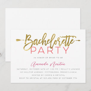 Modern Guld och Rosa Typography Bachelorette Party Inbjudningar