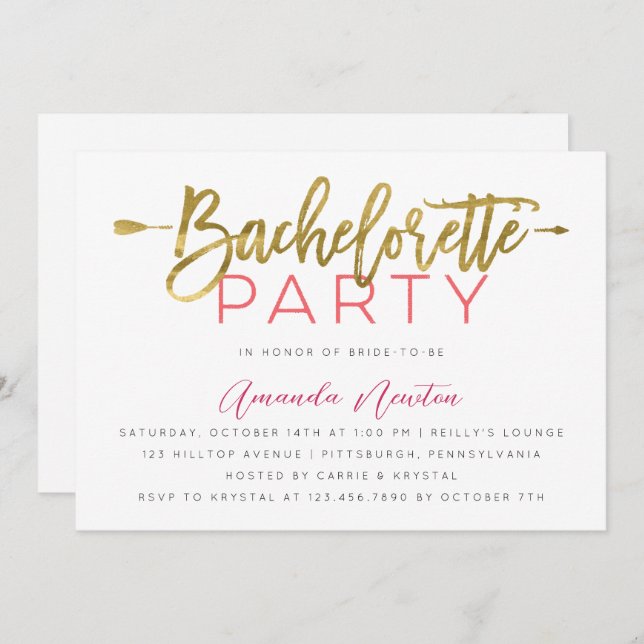 Modern Guld och Rosa Typography Bachelorette Party Inbjudningar (Fram/baksida)