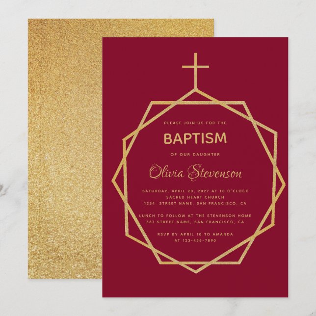 Modern Guld om Burgundy Red Geometric Girl Baptism Inbjudningar (Fram/baksida)