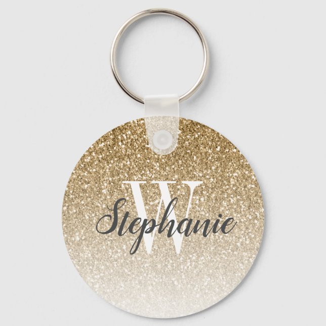 Modern Guld Ombre Faux Glitter Monogram Nyckelring (Framsida)