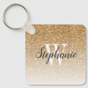 Modern Guld Ombre Faux Glitter Monogram Square Nyckelring