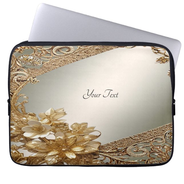 Modern Guld Ornate Blommigt Laptop sleeve (Framsidan)
