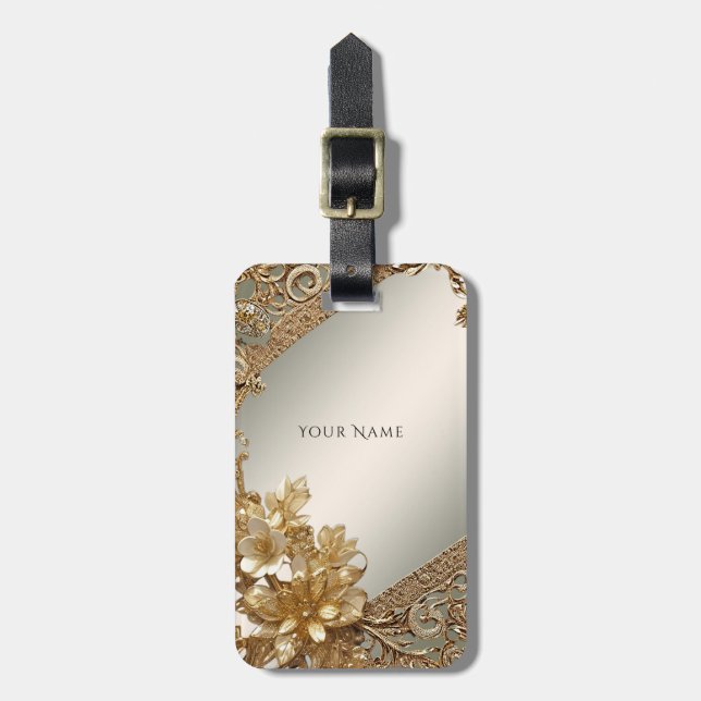 Modern Guld Ornate Blommigt Luggage Tag Bagagebricka (Vertikal Framsida)
