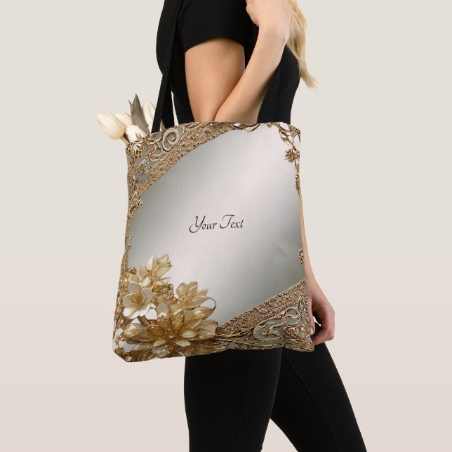 Modern Guld Ornate Blommigt Tote Bag Tygkasse (Närbild)