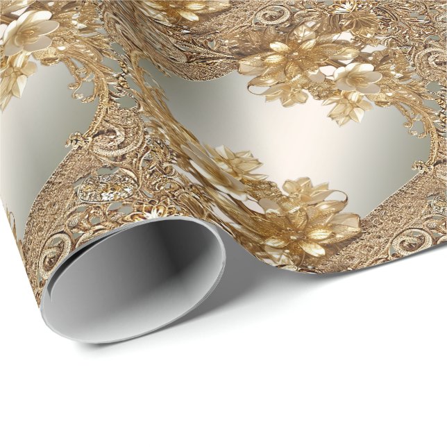 Modern Guld Ornate Blommigt Wrapping Papper Presentpapper (Rullad Hörn)