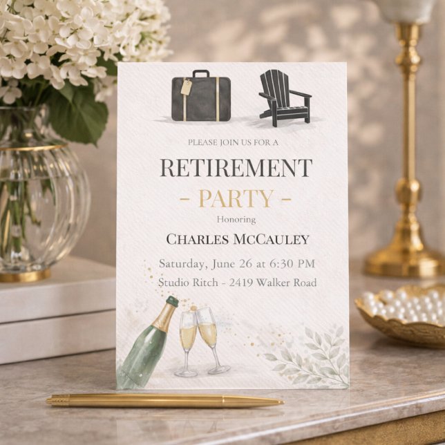 Modern guld pensionsinbjudan inbjudningar (Modern gold retirement party invite with champagne detail and refined evening feel)
