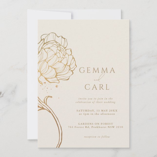 Modern guld peony linjekonst bröllop inbjudningar (Framsida)
