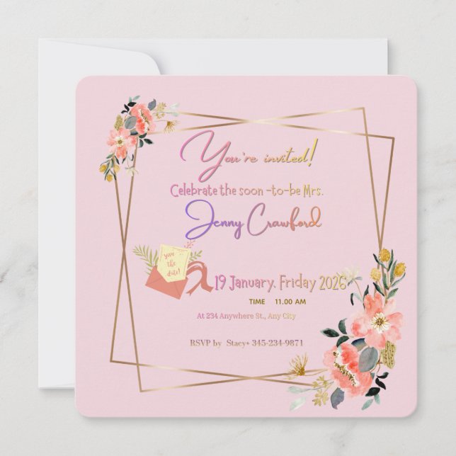 Modern guld ram | Anpassad inbjudan till brud som  (Framsida)