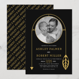 Modern guld ram med löv och fotot bröllop inbjudningar