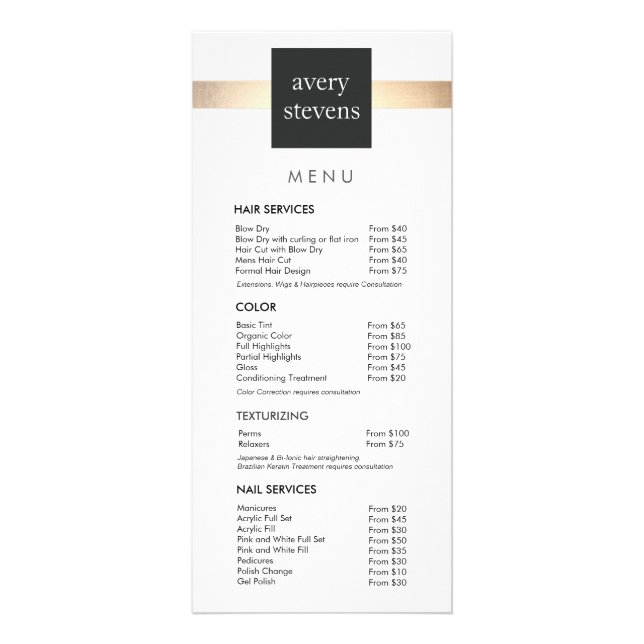 Modern Guld-rand-Black and White Salon Menu Reklamkort (Framsidan)