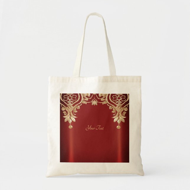 Modern Guld Red Blommigt Tote Bag Tygkasse (Framsidan)
