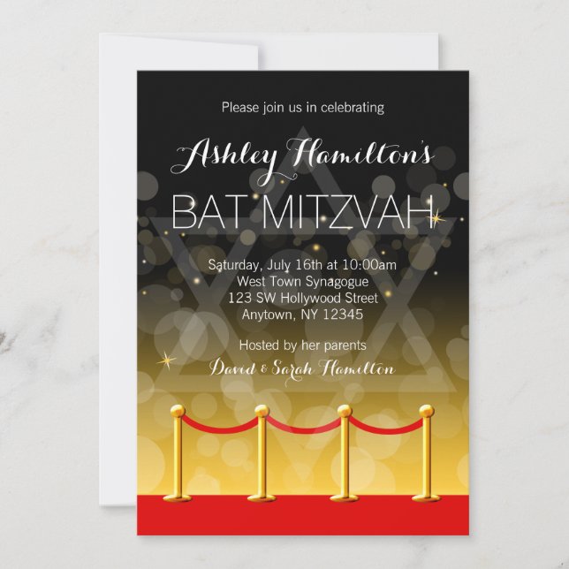 Modern Guld Red Carpet Hollywood Bat mitzvah Inbjudningar (Framsida)