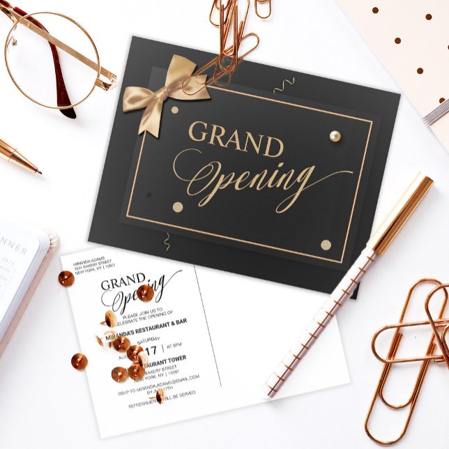 Modern Guld Ribbon Black Grand Open Inbjudan Vykort (Skapare uppladdad)