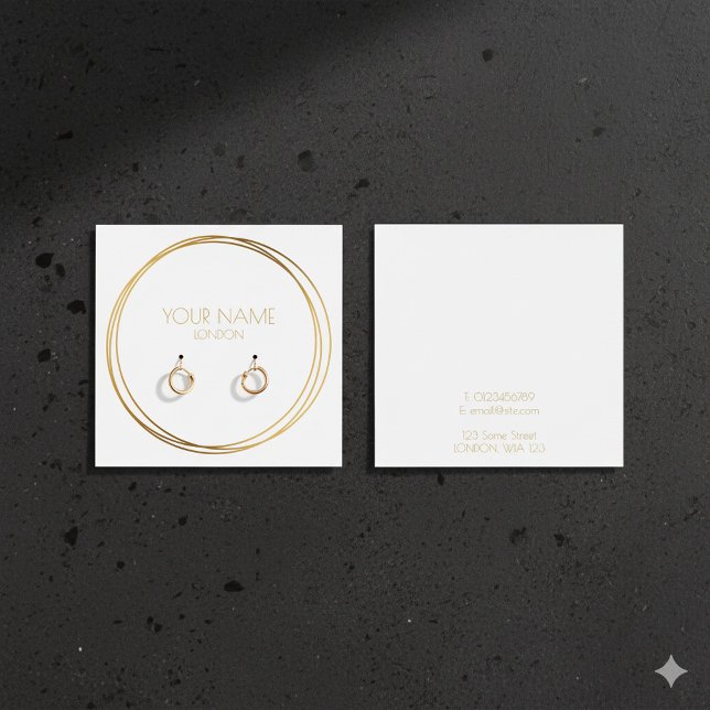 Modern guld-ringar-visning fyrkantigt visitkort (Gold rings square earring display card.)