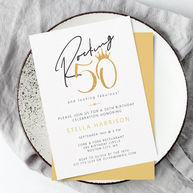 Modern Guld Rocking 50:e Födelsedagsfesten Inbjudningar (Modern Gold Rocking 50th Birthday Party Invitation)