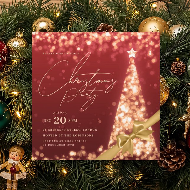 MODERN Guld Röd Vinter Julgran Bow Party  Inbjudningar (MODERN Gold Red Winter Christmas Tree Bow Party Invitation)