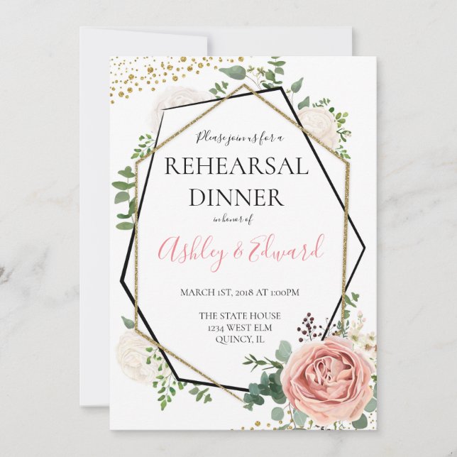 Modern Guld Rosa Geometric Rehearsal Dinner Inbjud Inbjudningar (Framsida)